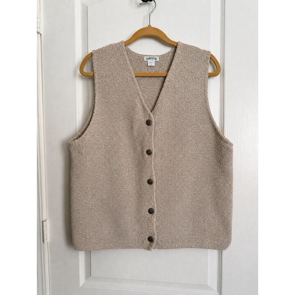 Vintage Orvis Sweater Vest Large Oatmeal Beige Knit Button Front Cottagecore USA